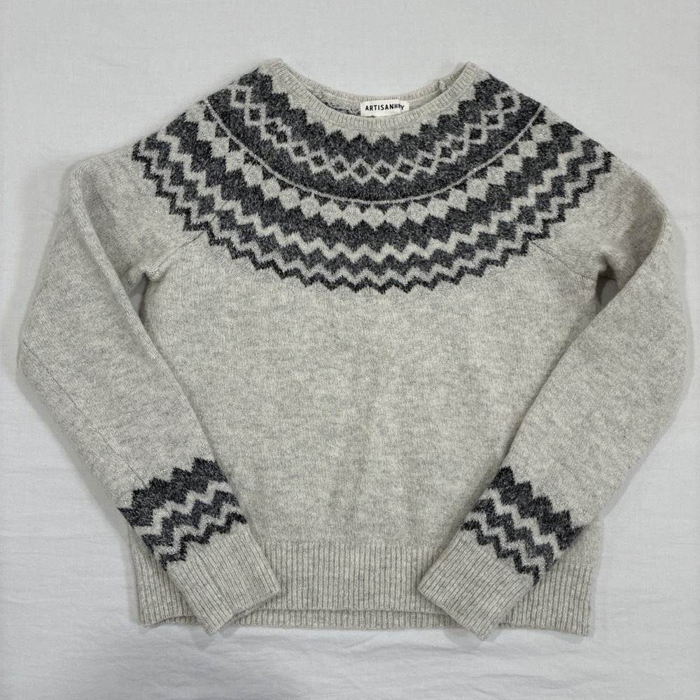 Fair‎ Isle Sweater Womens Small Nordic Wool Blend Gray Winter Cozy Crewneck